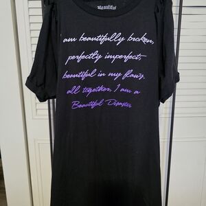 NWOT Beautiful Disaster Sz 1X Distressed Black Tee With Purple Quote